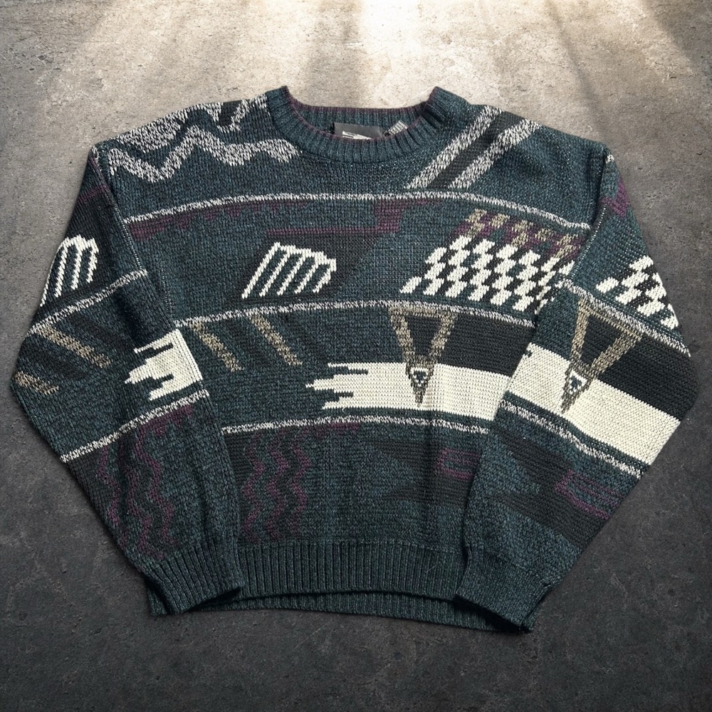 Expressions Vintage 90s Geometric Abstract Crewneck Sweater Teal Purple Size M